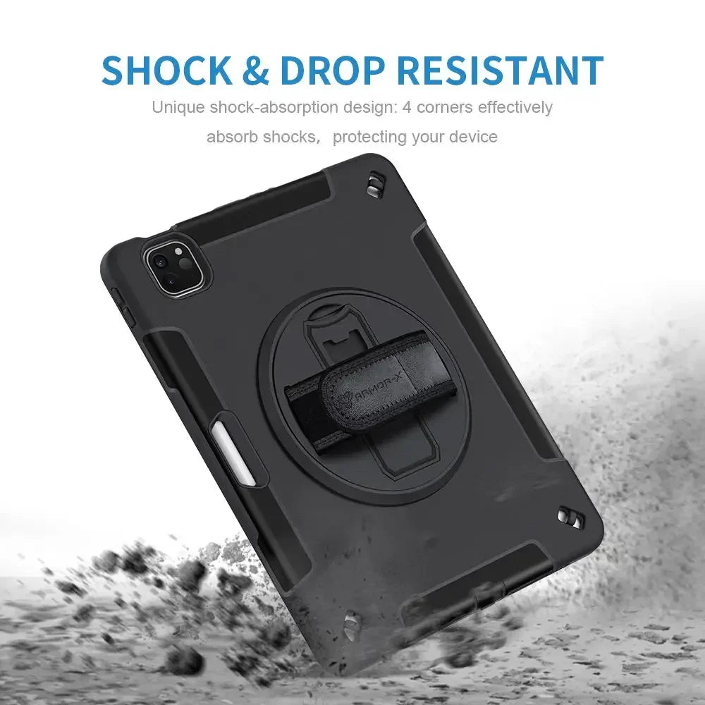 Armor-X Enx Case For iPad Air 4Th Gen 10.9 Inch 2020 Ultimate 3 Layers Shockproof Rugged Case With Hand Strap & Kick Stand - Black - Tashqila Armor-X Enx Case For iPad Air 4Th Gen 10.9 Inch 2020 Ultimate 3 Layers Shockproof Rugged Case With Hand Strap & Kick Stand - Black - Tashqila